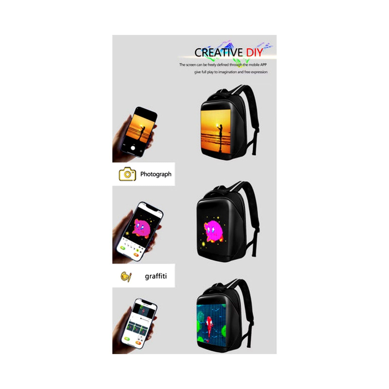 LED Backpack B308 Black - 08 DIY App Custom Display Examples