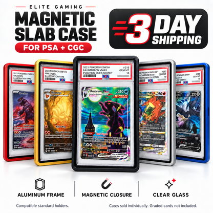 Magnetic slab cases in black, gold, silver, red and blue for compatible standard PSA and CGC holders, with 3 day shipping.