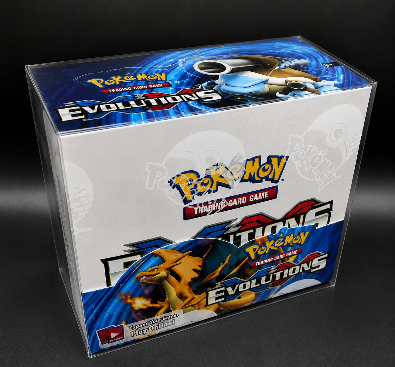 Clear PVC booster box protector display case around a sealed trading card booster box