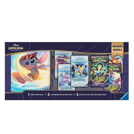 Sealed Disney Lorcana Wonder Bundle with 3 Winterspell boosters, 3 Attack of the Vine! boosters, and Stitch card portfolio